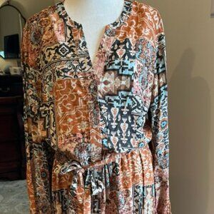 Ladies long patterned dress with waist tie